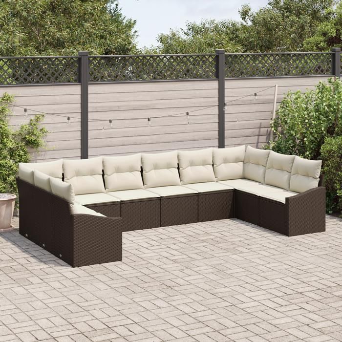 VidaXL Ensemble de Canapé de Jardin 10 Pièces avec Coussins Rattan Poly Marron 3346898