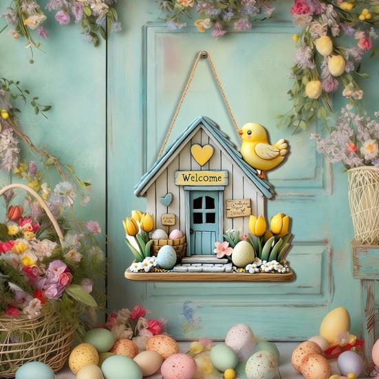 Yousheng Easter Wooden Hanging Sign, House Shape Tulip Flower Welcome Door Sign for Spring, Holiday, Indoor, Outdoor, Home, Porch, Front Door