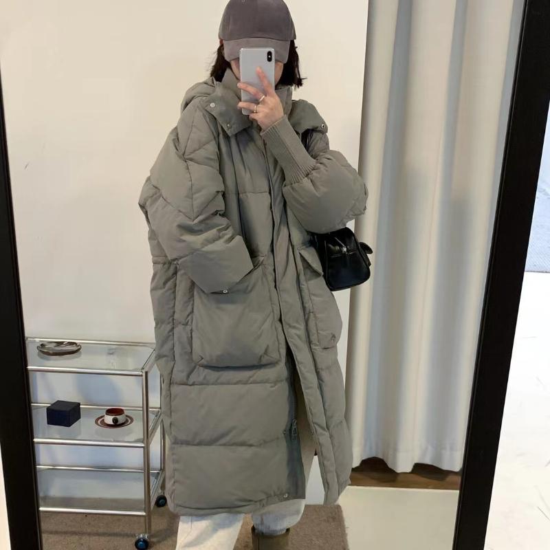2024 Neue Lässige Langarm Verdickte Warme Daunenmäntel mit Kapuze Damen Winter Einfarbig Büro Dame Langer Übermantel Koreanische Mode Oberbekleidung Herbst