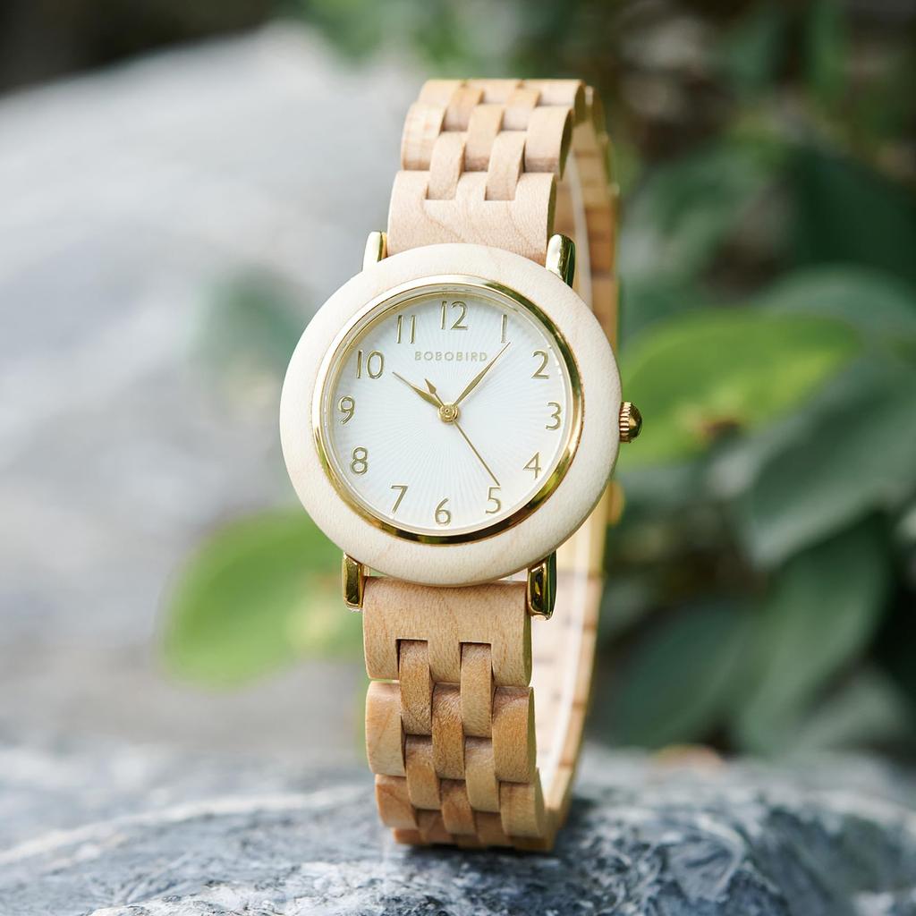 BOBO BIRD Wooden 28mm Natural Wood Analog Quartz Ladies' Watch, Diameter, Band, Display, Movement, Brown/Gold (Maple-1)