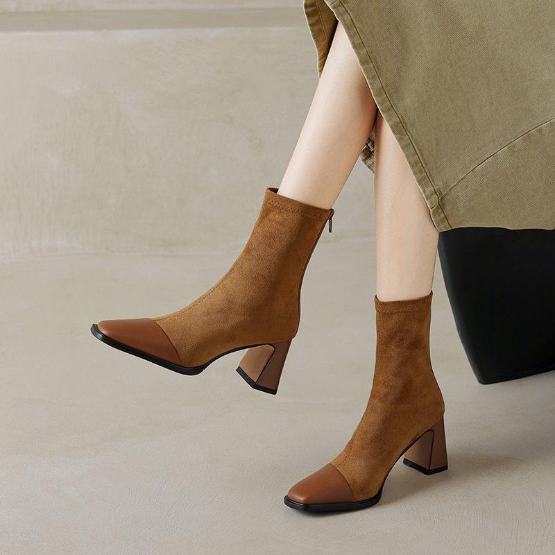 Krazing Pot Cow Skin Autumn Winter Shoes Square Toe Mixed Color Thick High Heels Zipper Chelsea Boots Women Stretch Ankle Boots