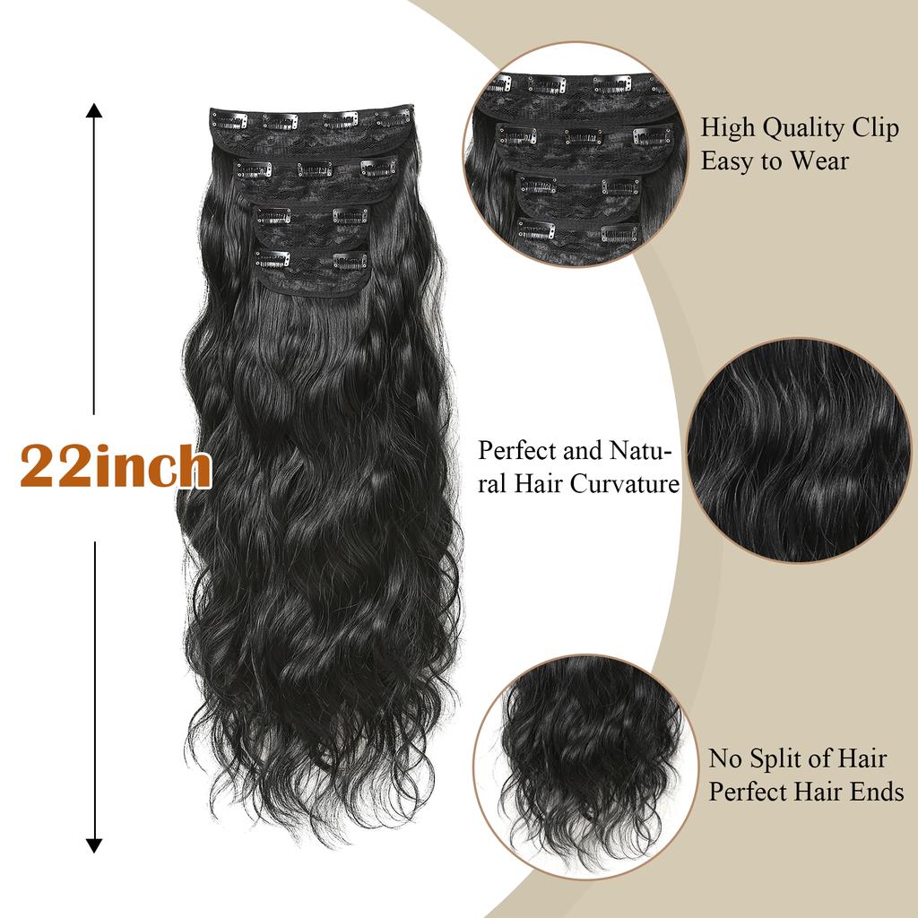 22Inch Black Synthetic Hairpieces 4pcs Long Wavy Hair Pieces 11 Clips in Hair Extension Natural Looking Heat Resistant for Women