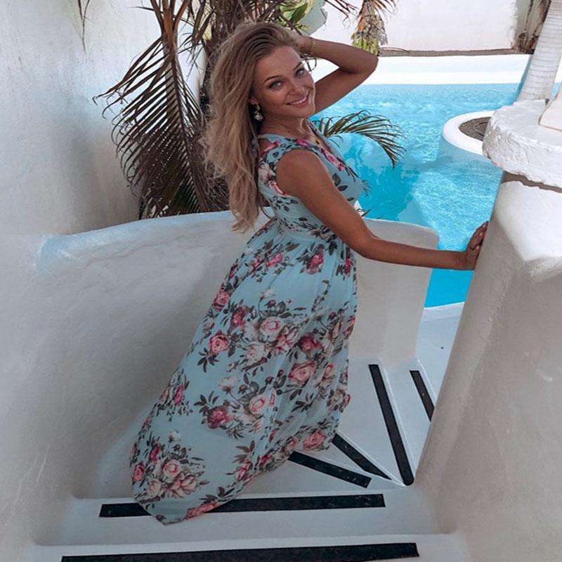 Womens Floral Summer Print Dress Ladies V Neck Split Holiday Beach Sundress