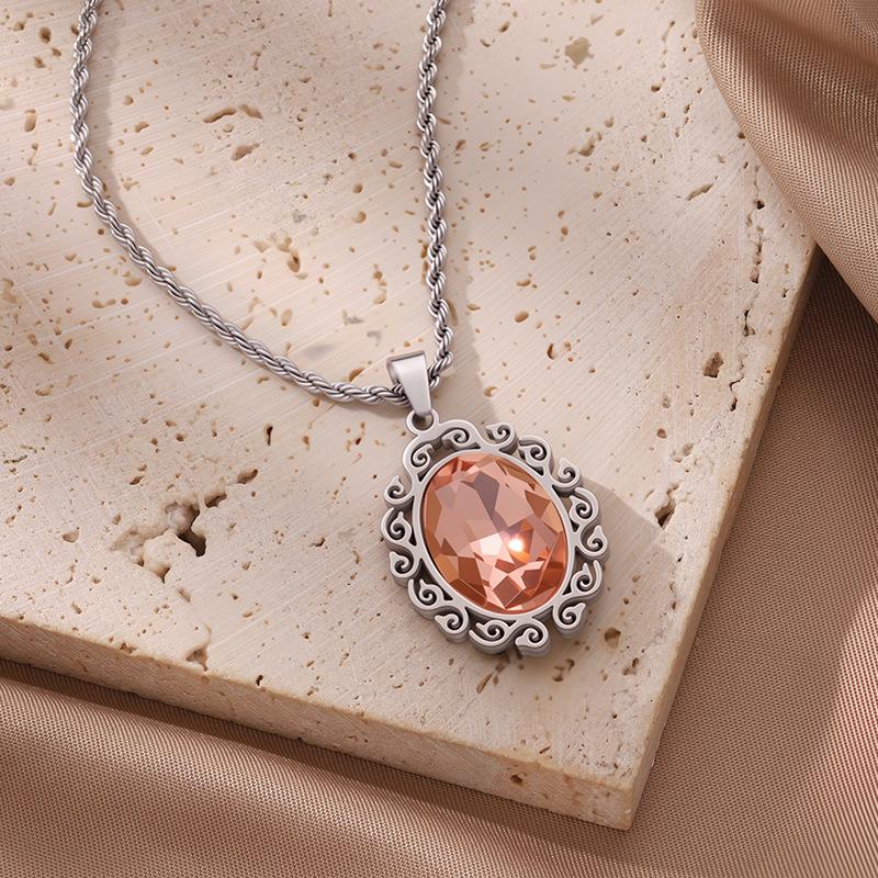 European & American Fashion Exquisite Titanium Steel Necklace with Colorful Zircon & Geometric Pendant for Women