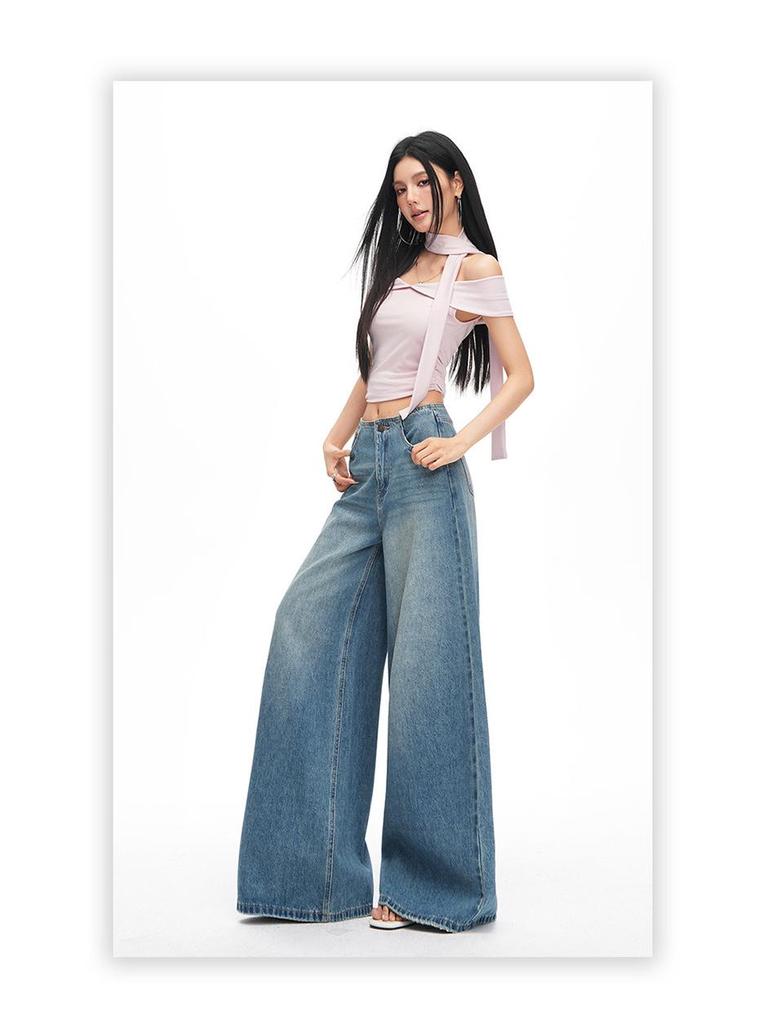 2026 Spring Women's Retro Wide-Leg Jeans: Waistless, Versatile, Loose, Slimming, Floor-Length Pants