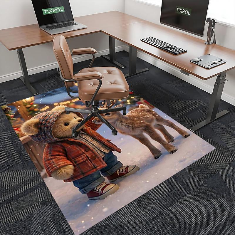 1pc Christmas Deer and Bear Plaid Hoodie Chair Mat - Anime Cartoon Design Office Chair Pad - Non-Slip Carpet for Home Decor, Living Room, Bedroom, Gam