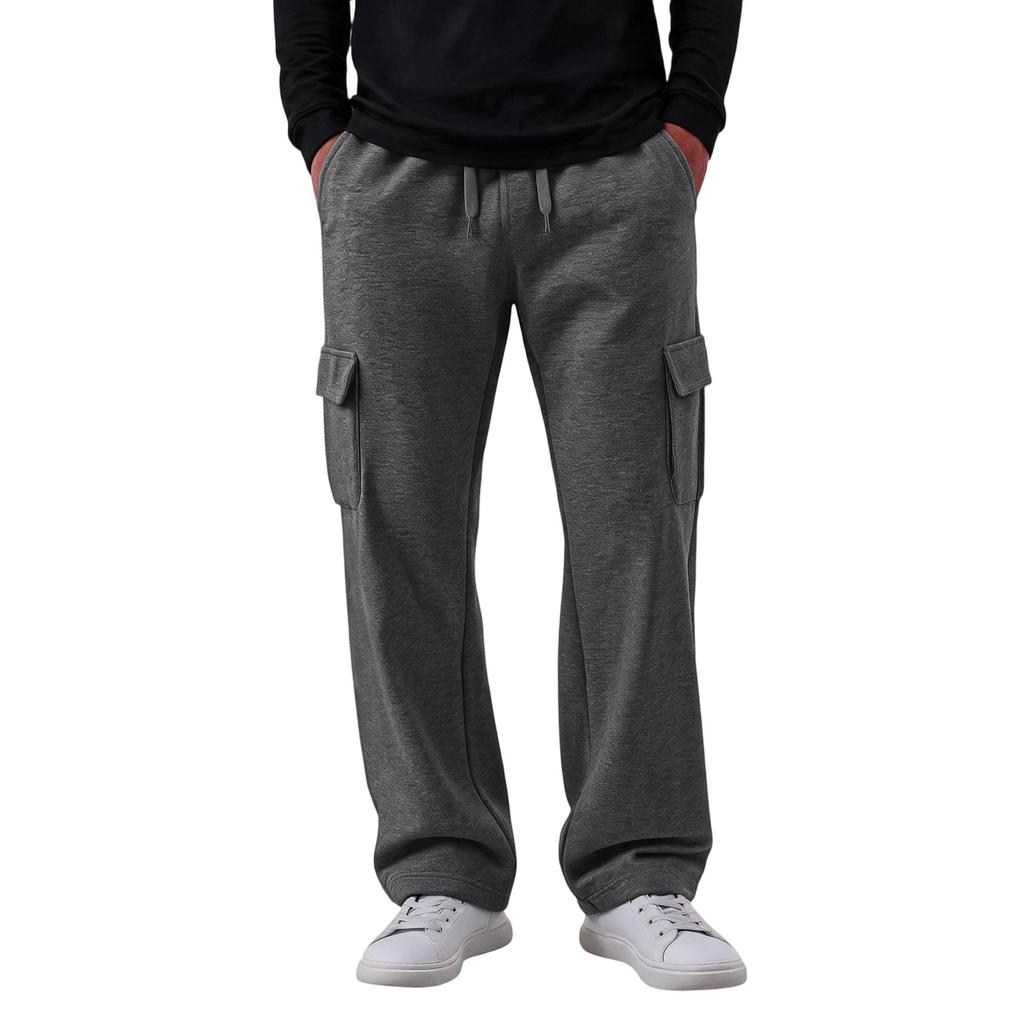 Men's Casual Cargo Pants with 4 Pockets, Elastic Waist with Drawstring, Loose Fit Straight Leg Pants for Everyday Wear