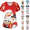 Women's Christmas Print V-Neck Short Sleeve Scrub Top with Pockets
