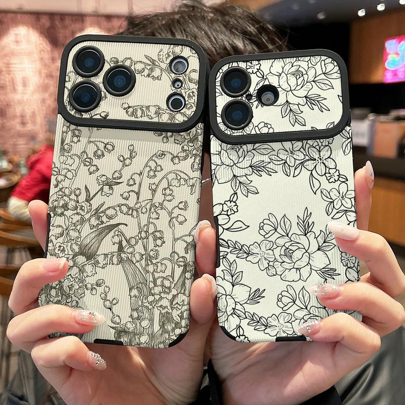 Floral Plants Printed Vertical Grain Leather Soft Silicone Phone Case Back Cover with Camera Lens Full Protection for iPhone 17