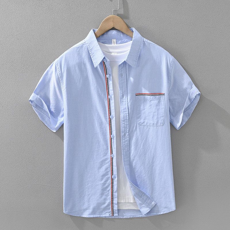 Summer Hong Kong TB Style Ribbon Pu Shuai Short Sleeve Shirts Men's Clothing Tokyo Fashion Brand Casual Shirt Pure Cotton Oxford New