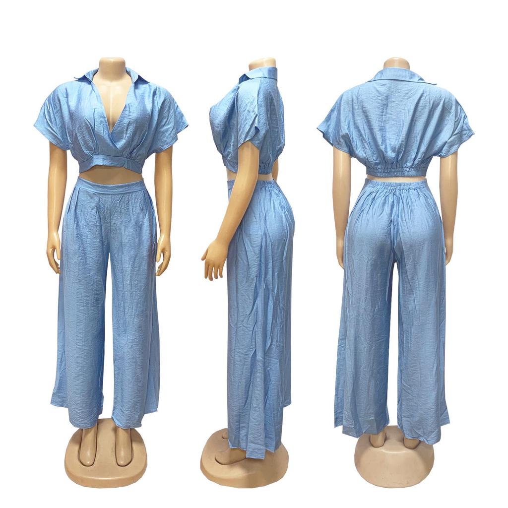 TW716 Trendiges Europäisches & Amerikanisches Plus-Size Lässiges Urlaubs-Revers-Oberteil & High-Waist Weitbeinige Hosen Set