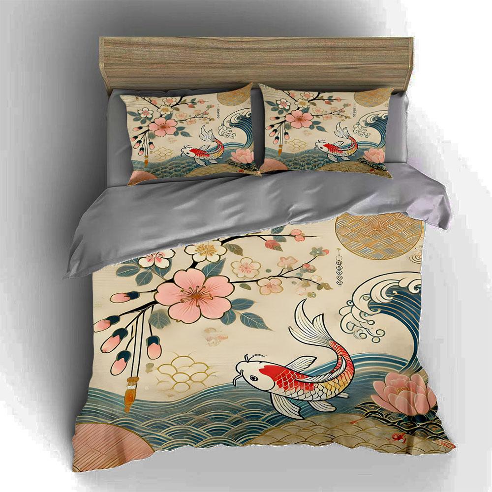 Koi Fish Motif Bedding Duvet Cover Sets Duvet Covers Pillowcases Gifts (1 * Duvet Cover 2 * Pillowcases, Without Duvet Insert)