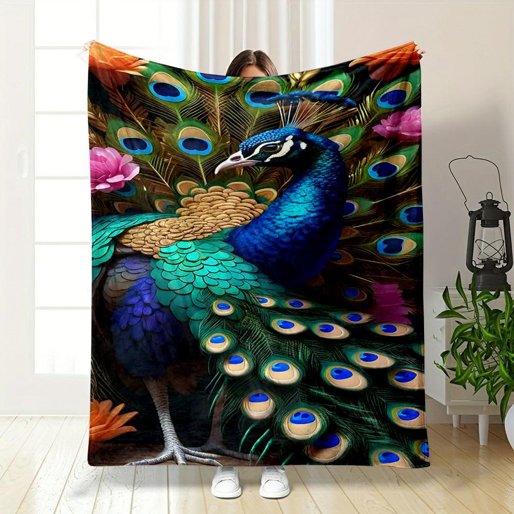 Peacock Feather Design Warm Blanket with Floral Touch Flannel Blanket for Bedroom, Living Room, Sofa, and Nap Sofas