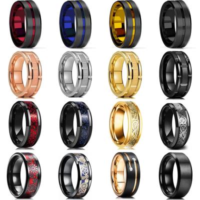 Moda uomo 8mm colore oro scanalatura bordo smussato tungsteno matrimonio anello in fibra di carbonio punk ruota dentata anello in acciaio inossidabile per gli uomini