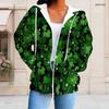 Women Plus Size Zip Up Drawstring Hoodie Long Sleeve Black Green Clover Printed Sweatshirt With Pockets