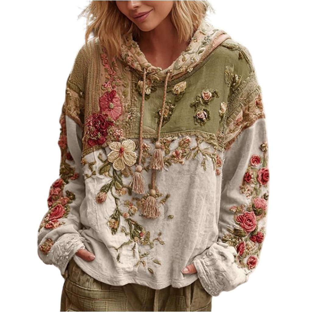 Women's Fashion Long-Sleeve Hooded Vintage  Patchwork Floral Print Casual Sweatshirt Top