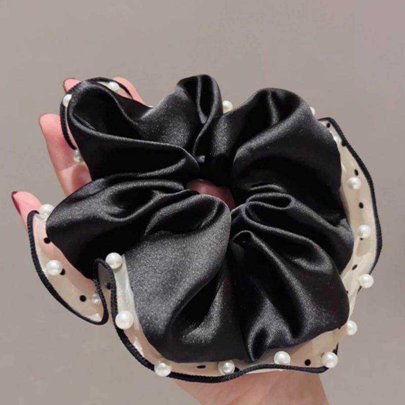 Pearl Polka Dot Satin Pleated Lace Hair Tie for Women