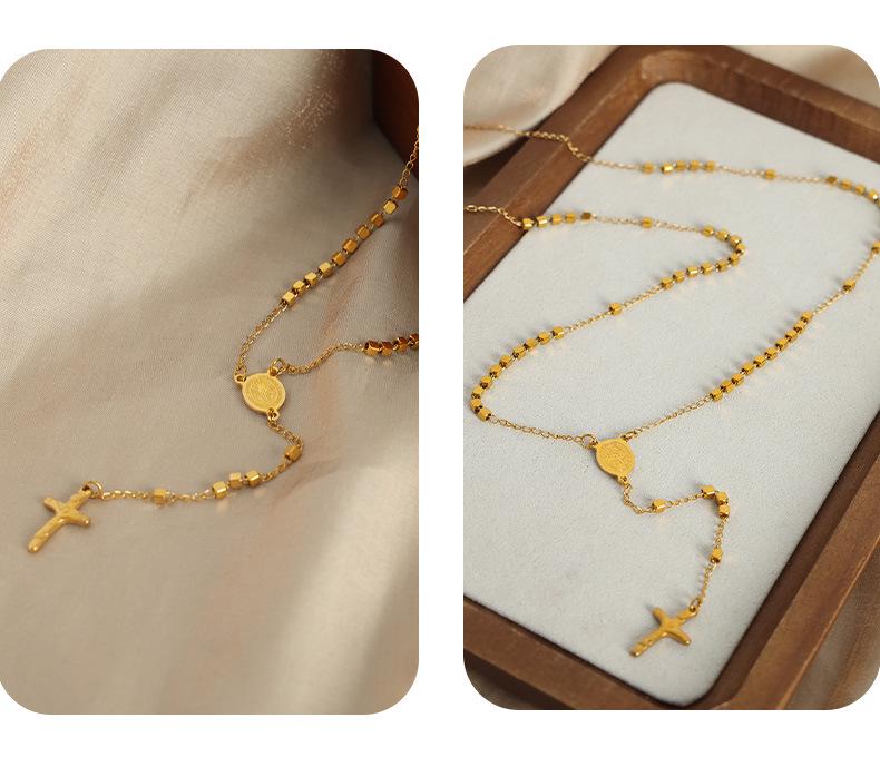 Retro British Jewelry: Oval Portrait Plate Tassel Cross Pendant on Titanium Steel Sweater Chain
