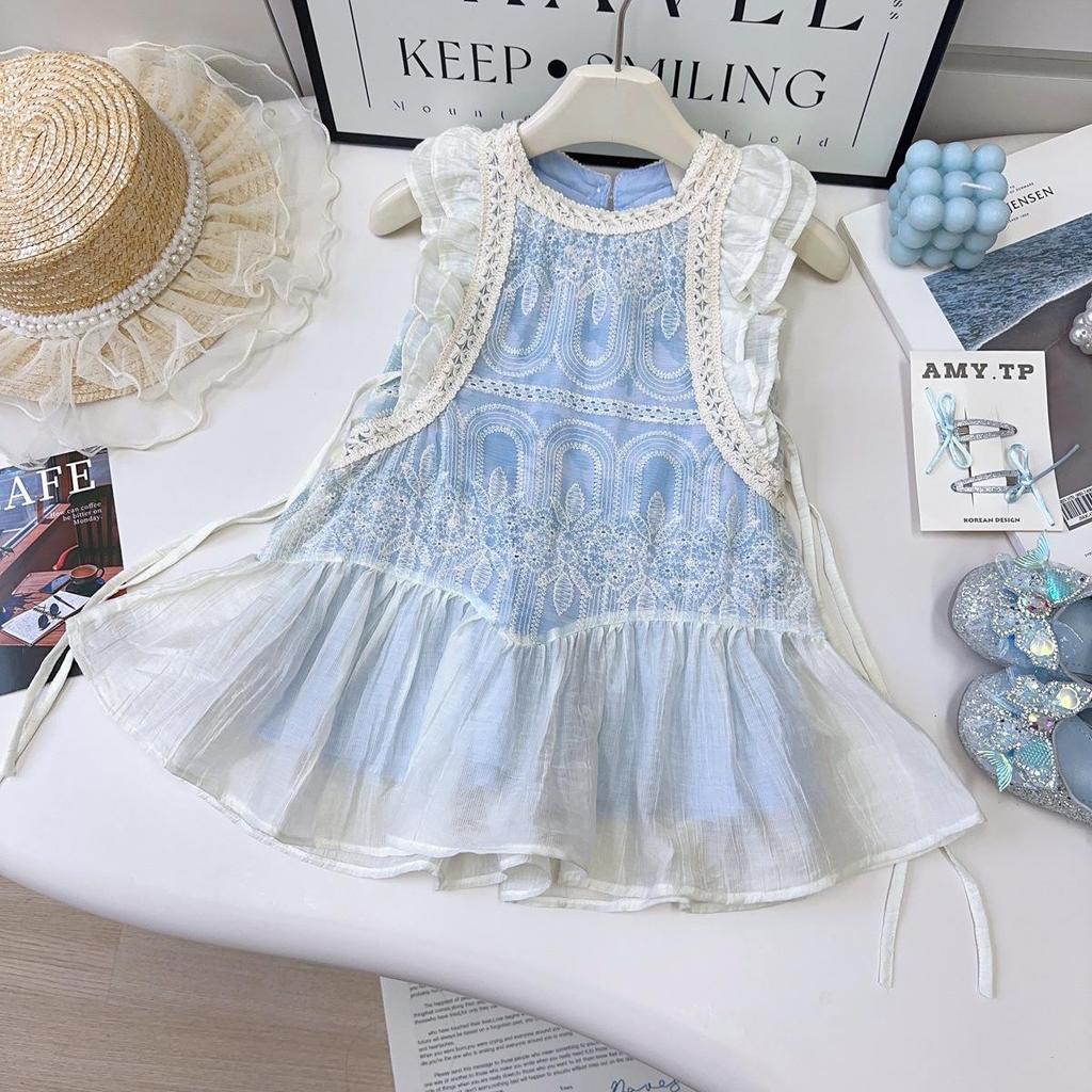 Summer Vacation Flounce Sleeve Dress for Girls - Fresh Mesh Skirt