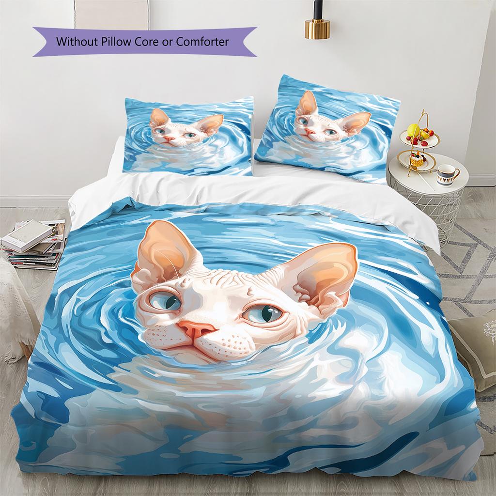 Cat with Water Ripple Pattern Pattern Bedding Quilt Set  Home Decoration  Gift (1 * duvet cover + 2 * pillowcase  without core)