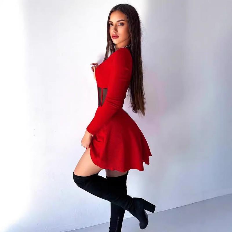 Womens Winter Long Sleeve A-Line Dress With Mesh Overlay Elegant Slim Fit Round Neck Short