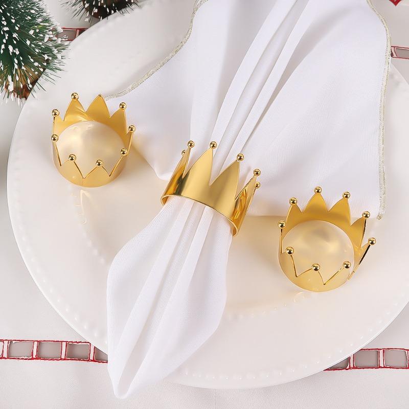 Table Decor Creative Metal Crown Hotel Glossy Bead Napkin Ring Holder Fine Dining Silverware Accessories Elegant Place Setting