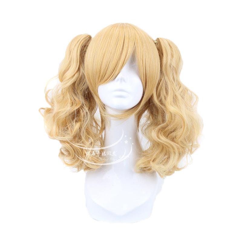 High Quality Quinn Cosplay Wig Short Golden Blond Mix Curly With Clip Ponytails Heat Resistant Synthetic Hair Wigs + Wig Cap