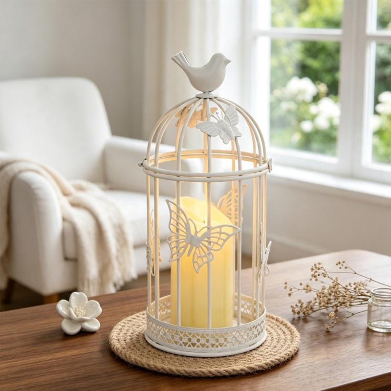 White Iron Candle Holders, Birdcage Frame with Butterfly Accent and Bird Top Detail, Antique Candlestick Lantern for Living Room, Entryway, or Study