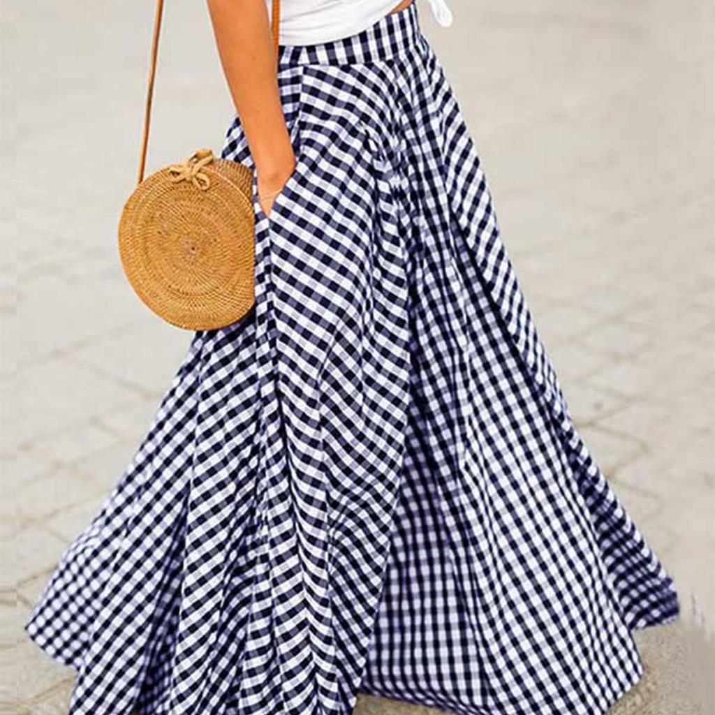 2024 Spring/Summer Elegant High-Waist Plaid Midi Skirt with Big Swing