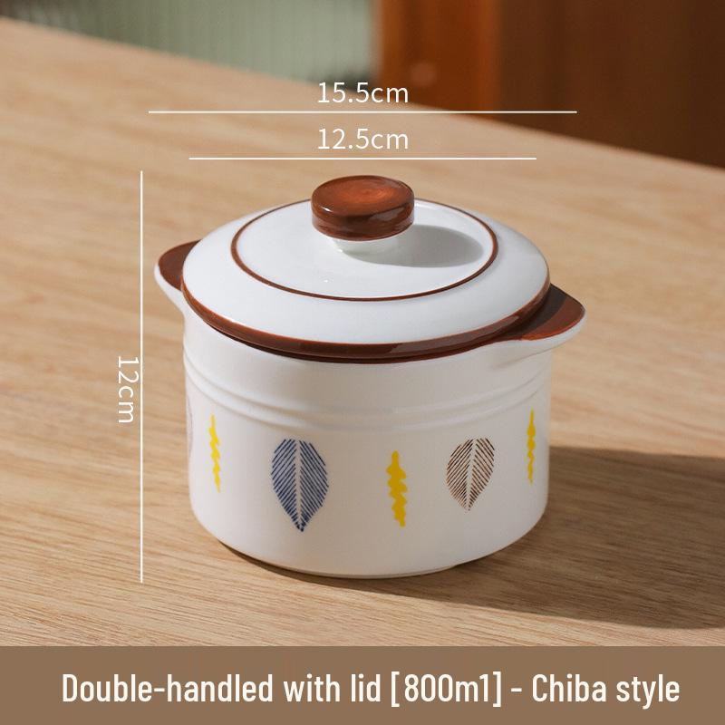Double-Eared Insulated Ceramic Stewing Pot with Lid for Soups and Egg Custard