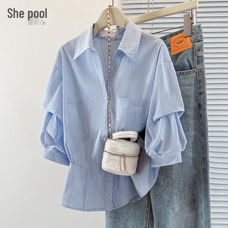 Women s Striped Pleated Lapel Blouse M