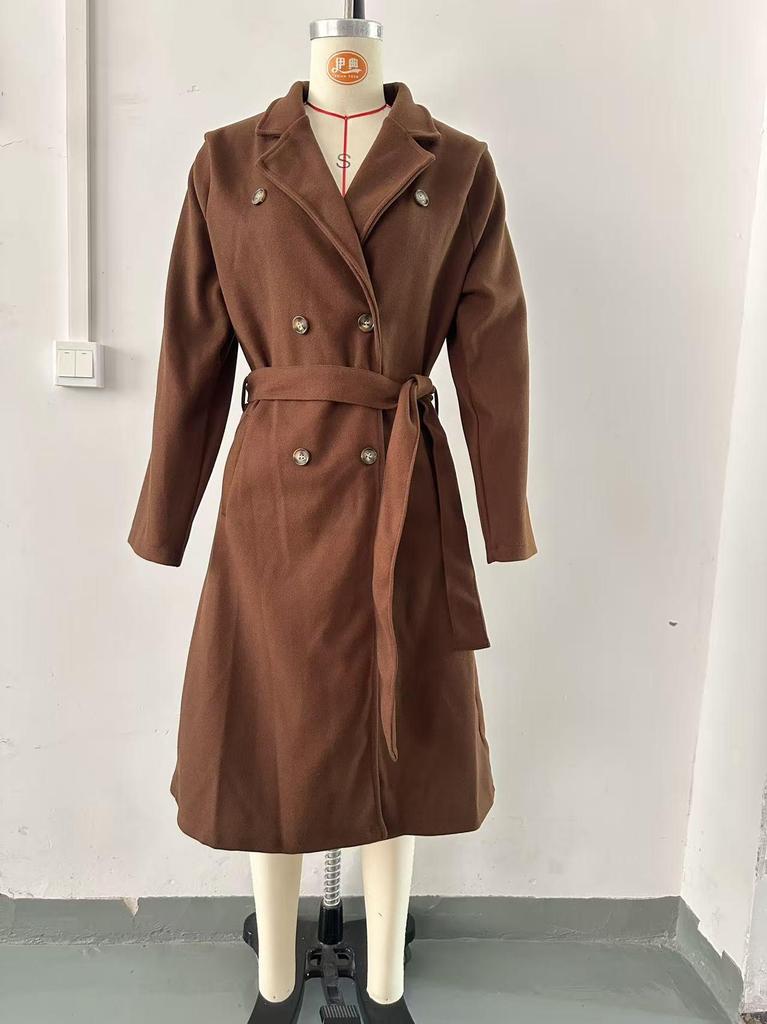 2025 Cross-Border Double-Breasted Solid Color Wool Coat with Lapel - Extra Long for Spring & Autumn