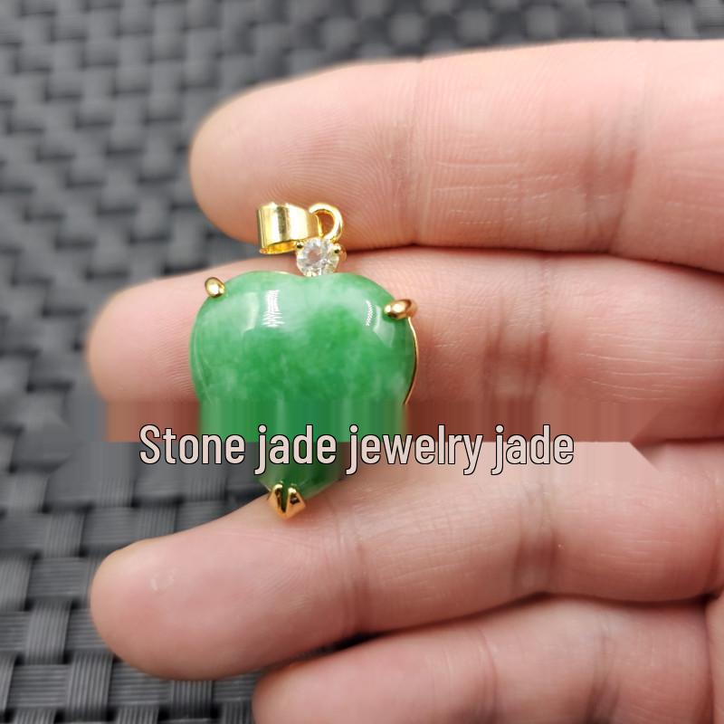 Emerald Green Peach Heart Jade and Diamond Pendant Necklace