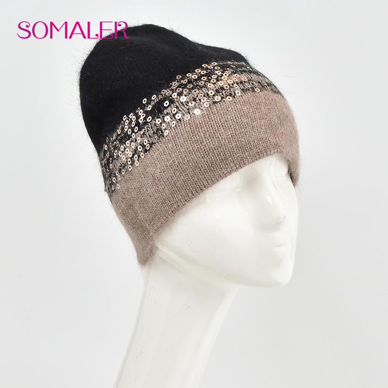 SOMALER Winter Hats for Women Warm Angora Wool Knitted Hat Fashion Sequin Beanie Hat Thick Long Rabbit Fur Hair  Skull Cap Bonnet