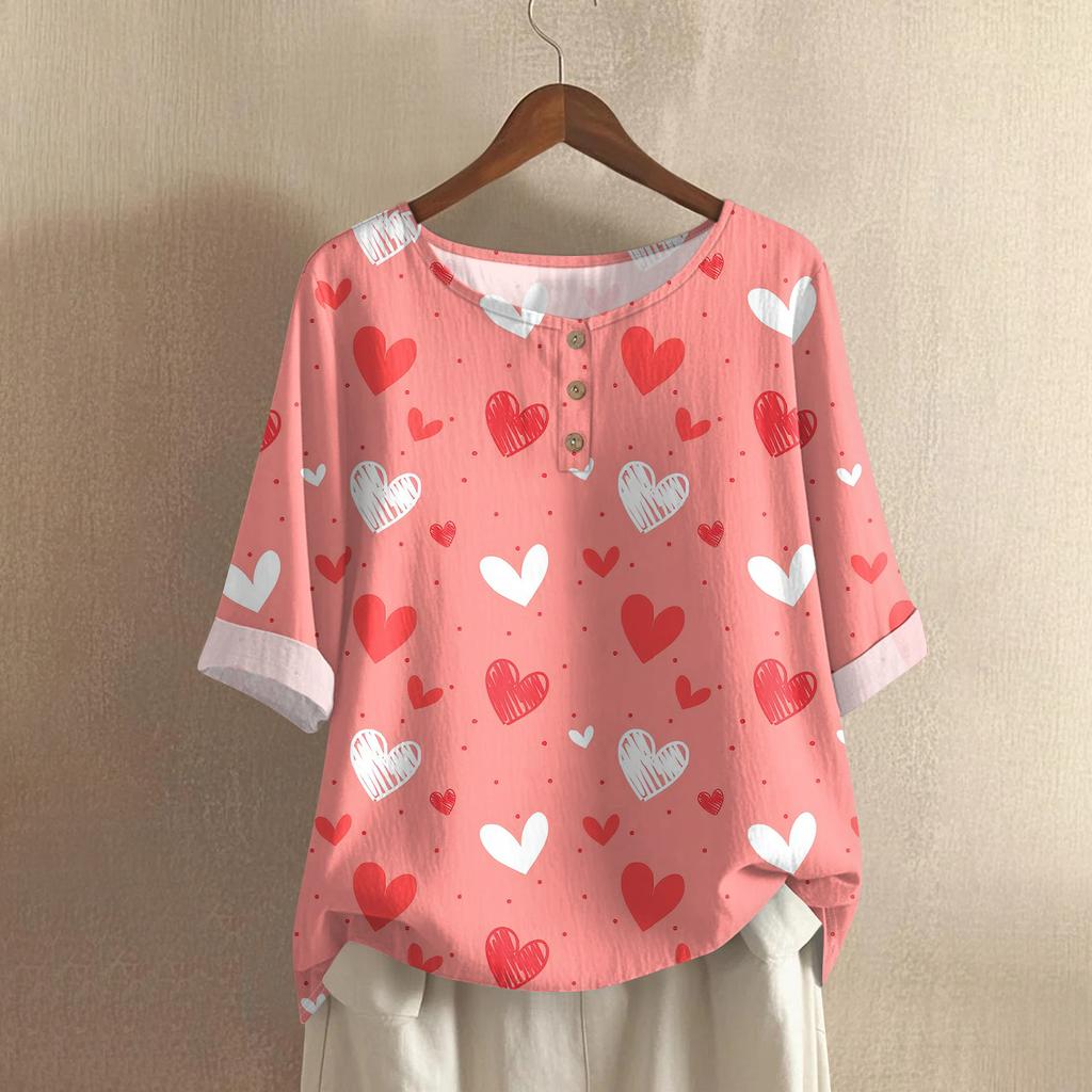 Damska casualowa bluzka z bawełny i lnu, z krótkim rękawem, okrągłym dekoltem i nadrukiem walentynkowym