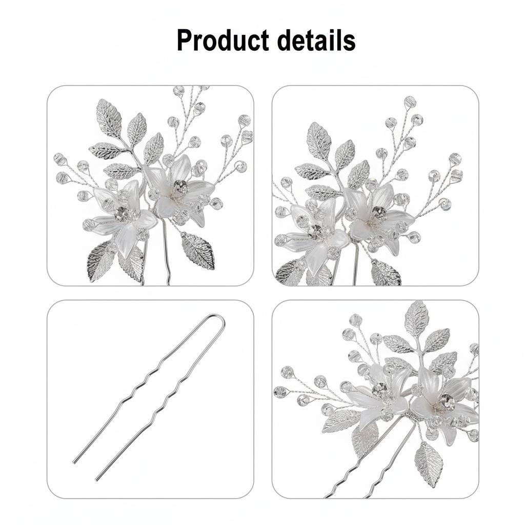Bridal Wedding Hairpin White Flower Leaf Design Crystal U Pin For Elegant Hairstyles