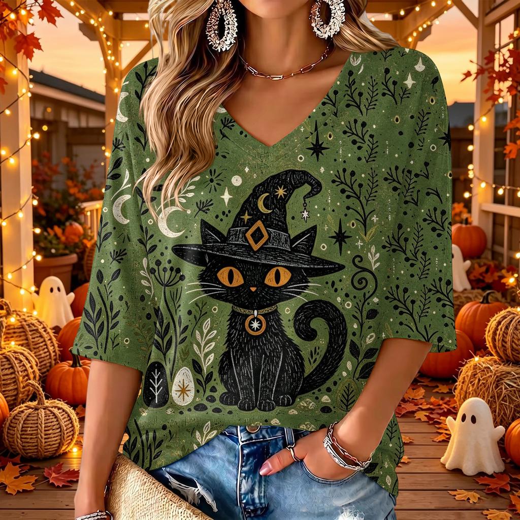Women's Stylish V-Neck Three-Quarter Sleeve Casual Halloween Print Top