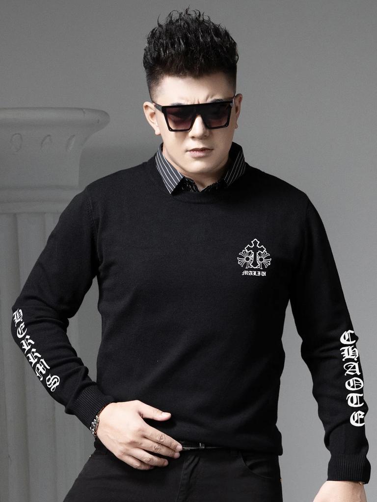 European Style Fake Two-Piece Sweater for Men, 2025 Autumn and Winter New Round Neck High-End Printed Warm Knit Base Shirt