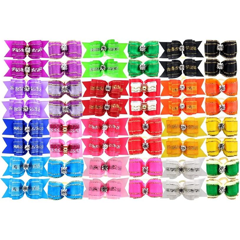 YOY 50 Pcs Adorable Grosgrain Ribbon Pet Dog Hair Bows with Elastic Rubber Bands - Doggy Kitty Topknot Grooming Accessories Set for Long Hair Puppy