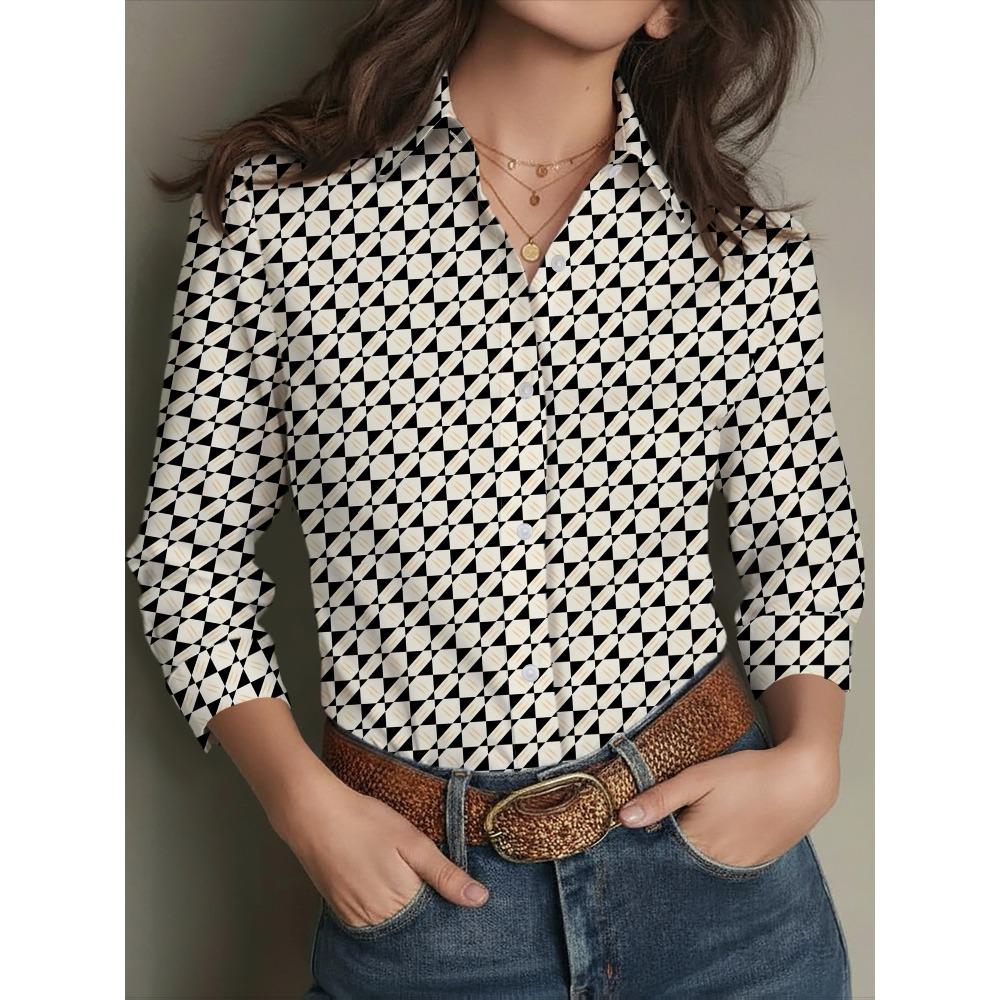 New Geometric Printing Lapel Fashionable Digital Printing Thin Thin Looking Elegant Simple Versatile Long Blouse