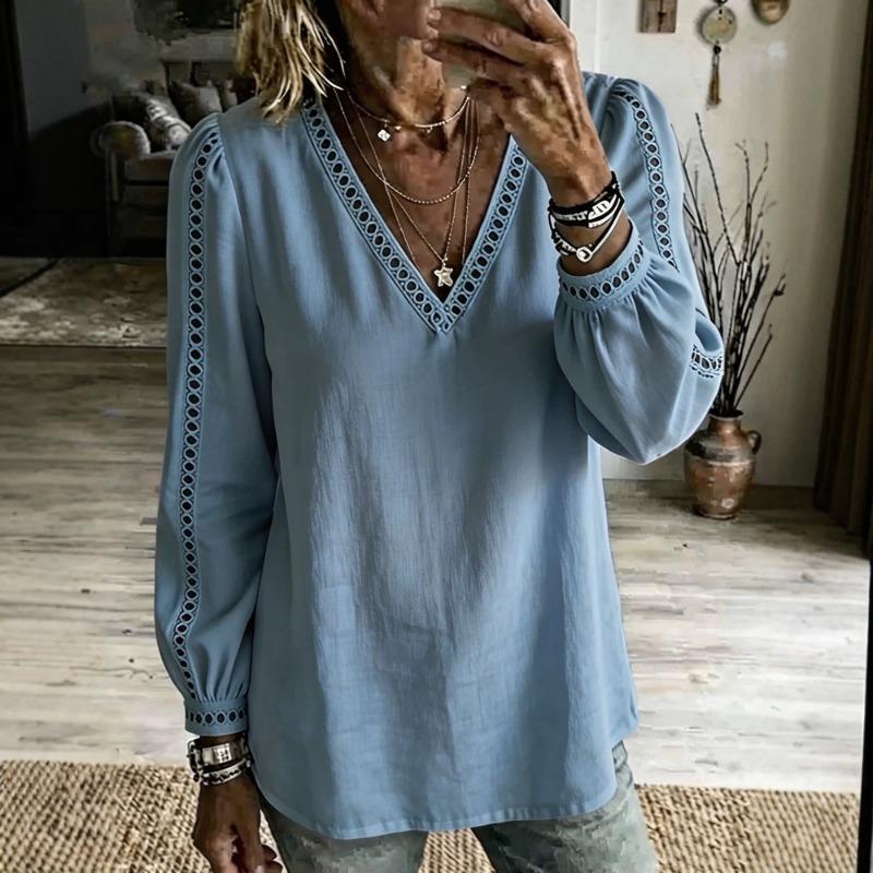 Hollow Out Loose Women's Blouse 2026 Long Sleeve V Neck Spring Autumn Lace Shirt Vintage Casual Solid Color Tops for Daily Life