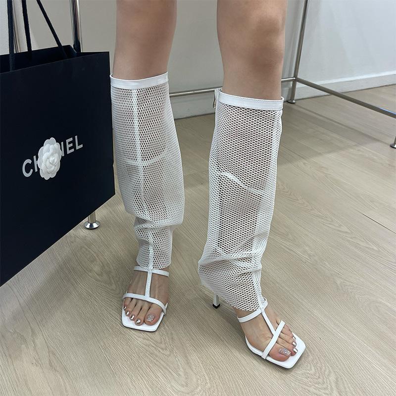 

Mesh fine heel high heel cool boots 2025 summer new open-toed Roman sandals long boots trouser boots 39 білий