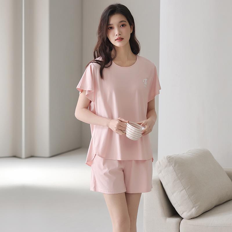 Lyocell Women's Summer Short Sleeve Pajama Set with Chest Pads - Casual Plus Size Home Wear