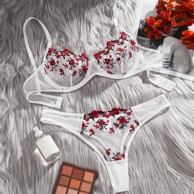 2 pezzi/set reggiseno sexy con ricamo floreale, slip, spalline regolabili, intimo non imbottito con mutandine a vita media