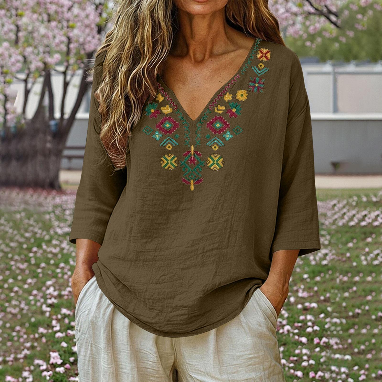 

Women s Loose-fitting Fashionable Cotton Linen V-neck Embroidered Print Casual Top L армия зеленый