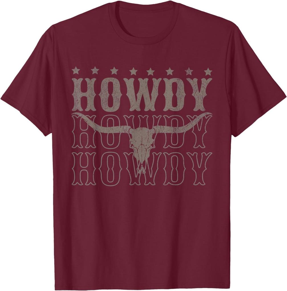 Retro Howdy Cow Bull Skull Cowboy Cowgirl Western Country T-Shirt