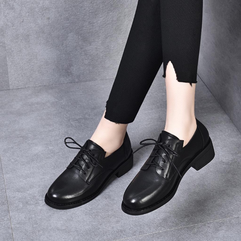 Small leather shoes women's autumn new first-layer cowhide lace-up polished retro flat-soled single shoes four-season shoes