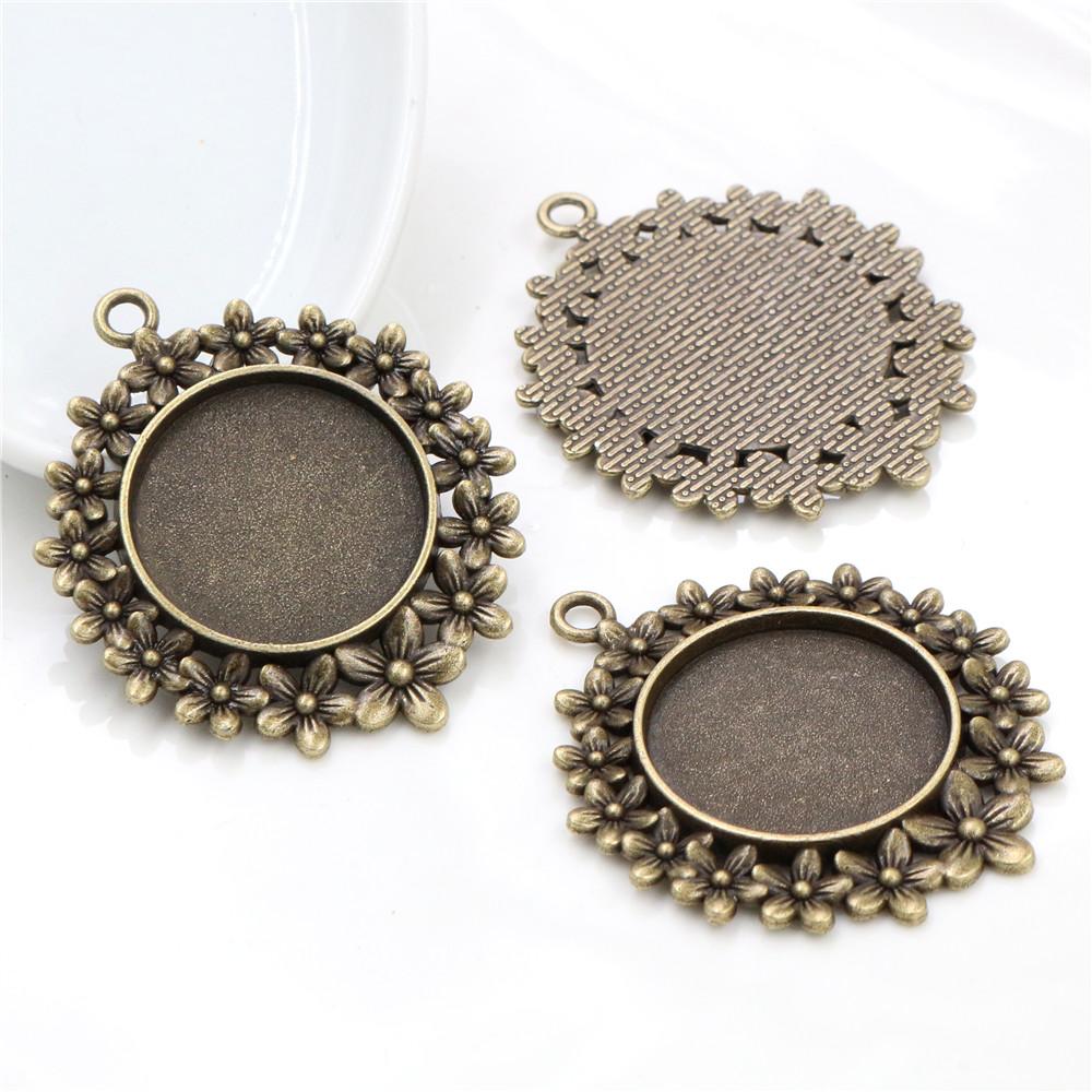 

5pcs 25mm Inner Size Antique Silver Plated Bronze And Black Flowers Style Cabochon Base Setting Charms Pendant