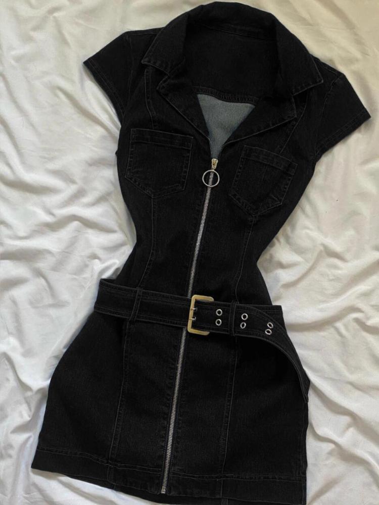 Amerikanisches Retro Schwarzes Denim Kurzkleid Damen Sommer Reißverschluss Elegant Slim Einteiliges Kleid Koreanisches Modedesign Freizeitkleidung