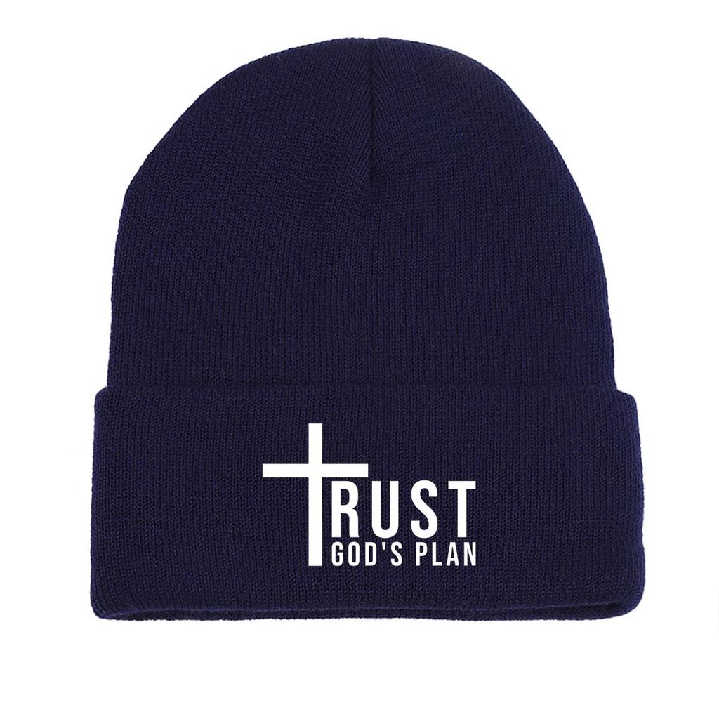 TRUST GOD'S PLAN" Winter Knit Hat Beanie, Crucifix Skullies Beanies Windproof Cozy Unisex Pompom Beanies Knitted Cap Beanie